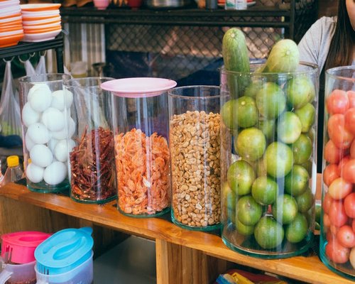 Thai local street food ingredients on a wooden table
