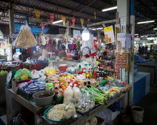 Fresh vegetables and ingredients in a Thai local market